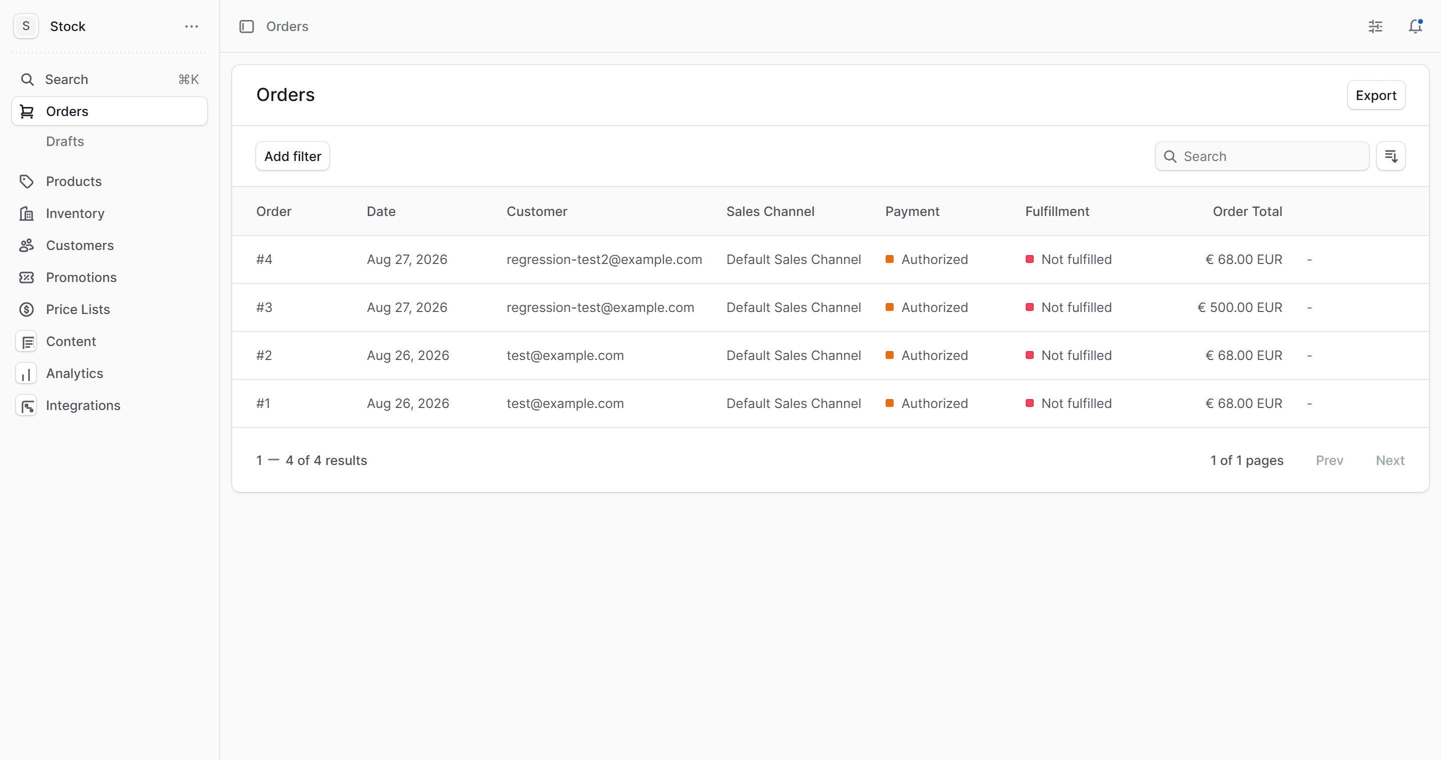 The Aperno dashboard showing a list of store orders with payment and fulfillment status