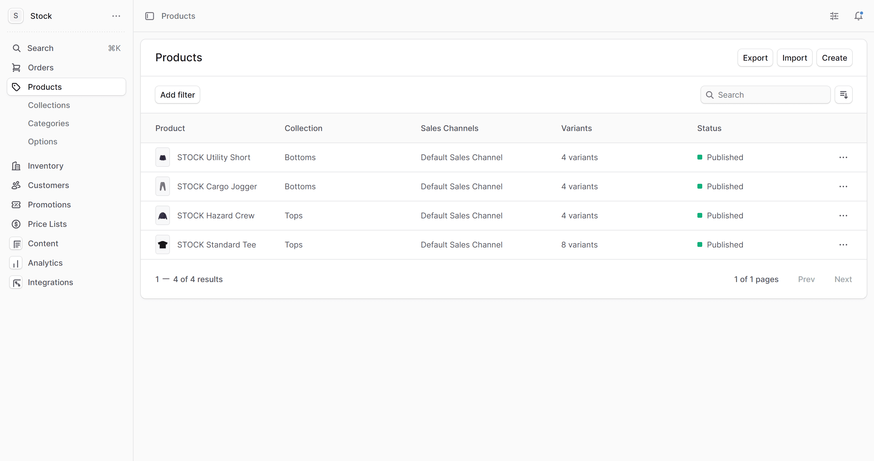 The Aperno dashboard product catalogue, showing collections, variants and publish status