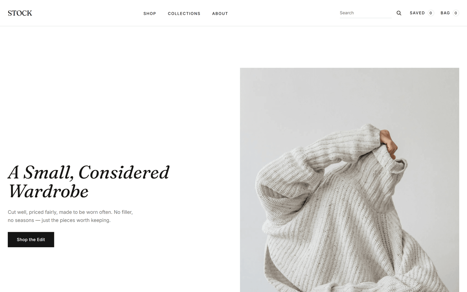 The Stock template — a light, editorial fashion storefront
